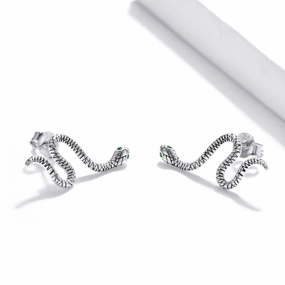 925 Sterling Silver Snake Studs Punk Earrings, Unisex Hypoallergenic Earrings - Picture 4 of 8